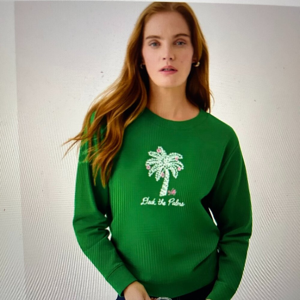 NWT Lilly Pulitzer Ballad Sweatshirt Deck the Palms Large Fiddle Leaf Green